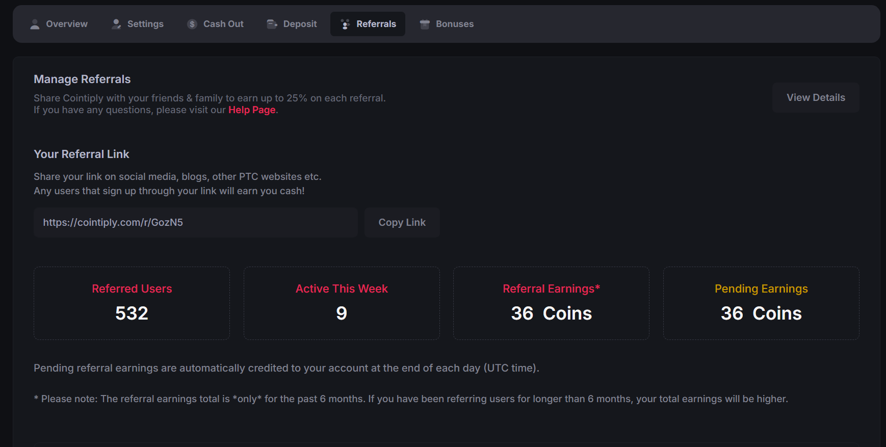 Cointiply referral dashboard