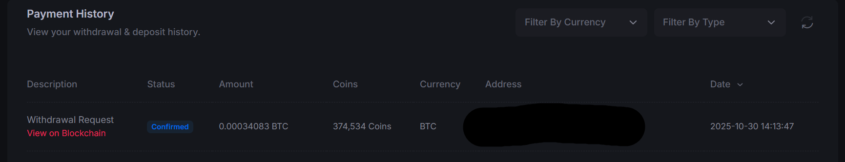 Historical Cointiply payment screenshot